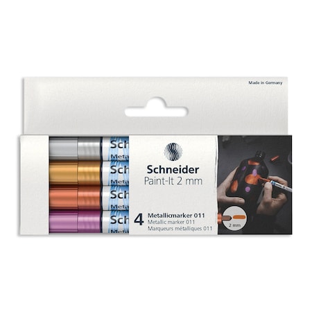 Schneider Pen Paint-It 011 Metallic Markers, 2 mm Tip, Wallet, 4 Assorted Ink Colors Set 1 ML01111501